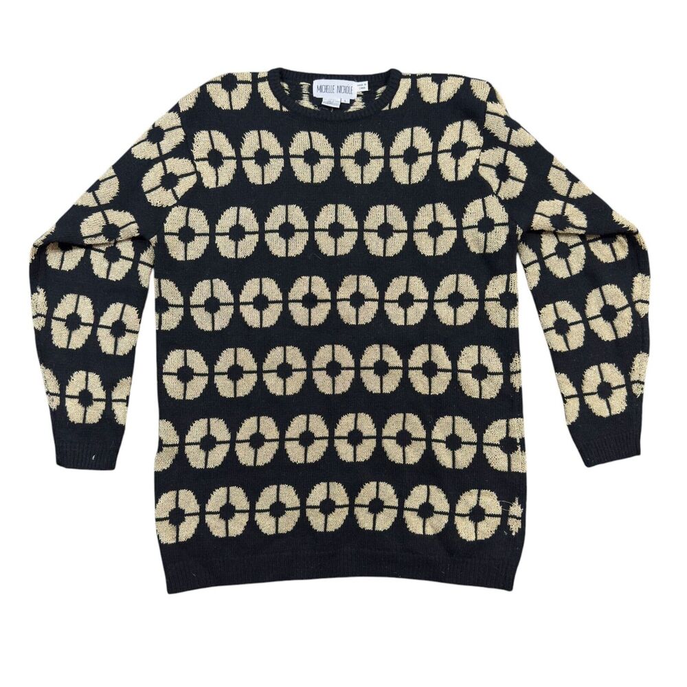 Michelle Nicole Sweater Womens Large Black Beige Geo Print Long Sleeve Crew Neck